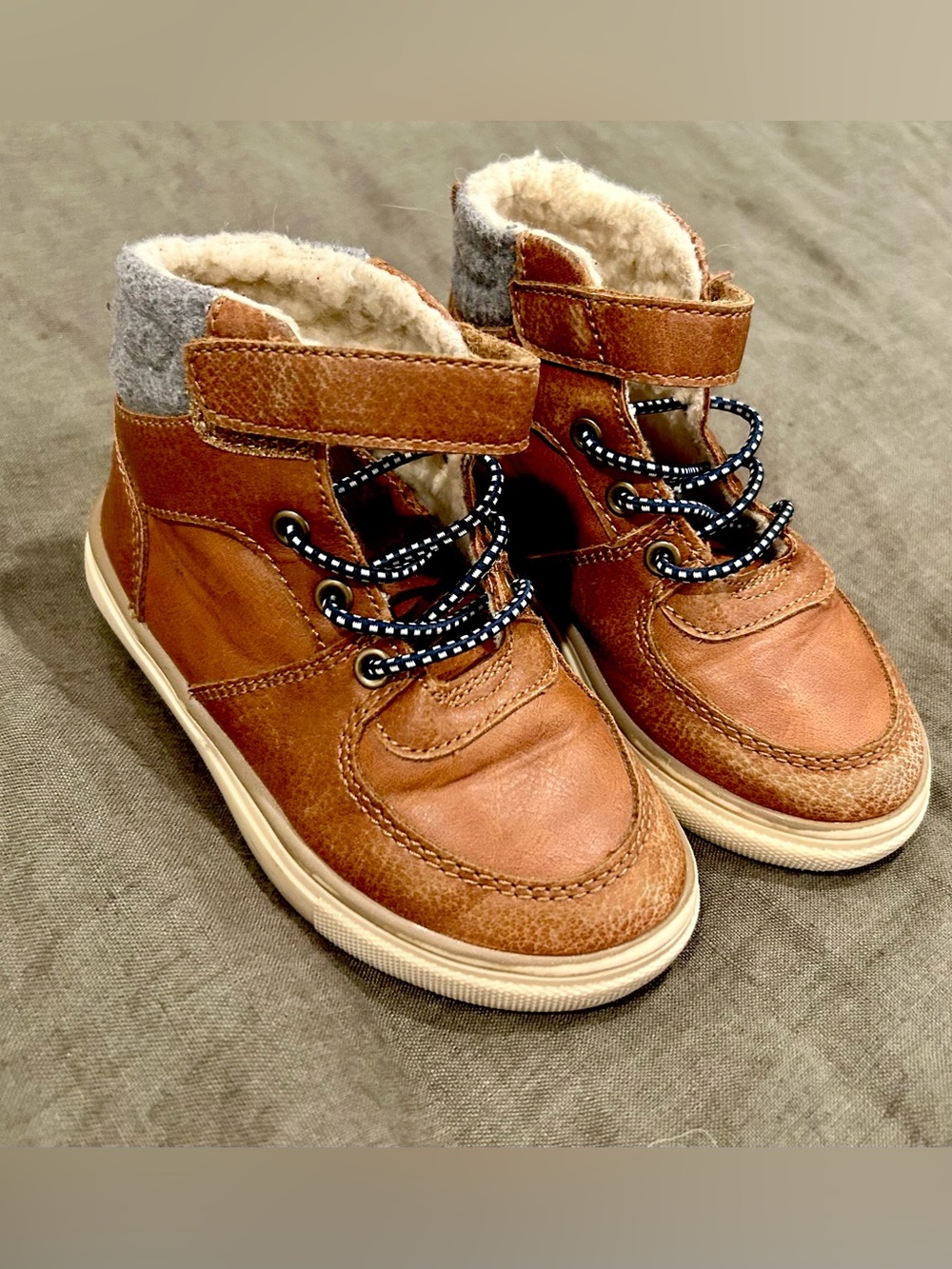Kids Tan Faux-Leather Warm Lined Lace-Up Boots
